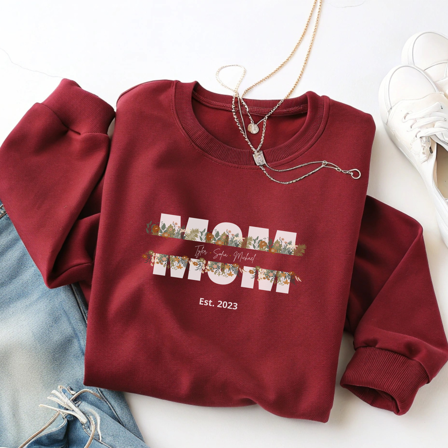 Personalized Mom Sweatshirt - White Floral Design for Mother's Day