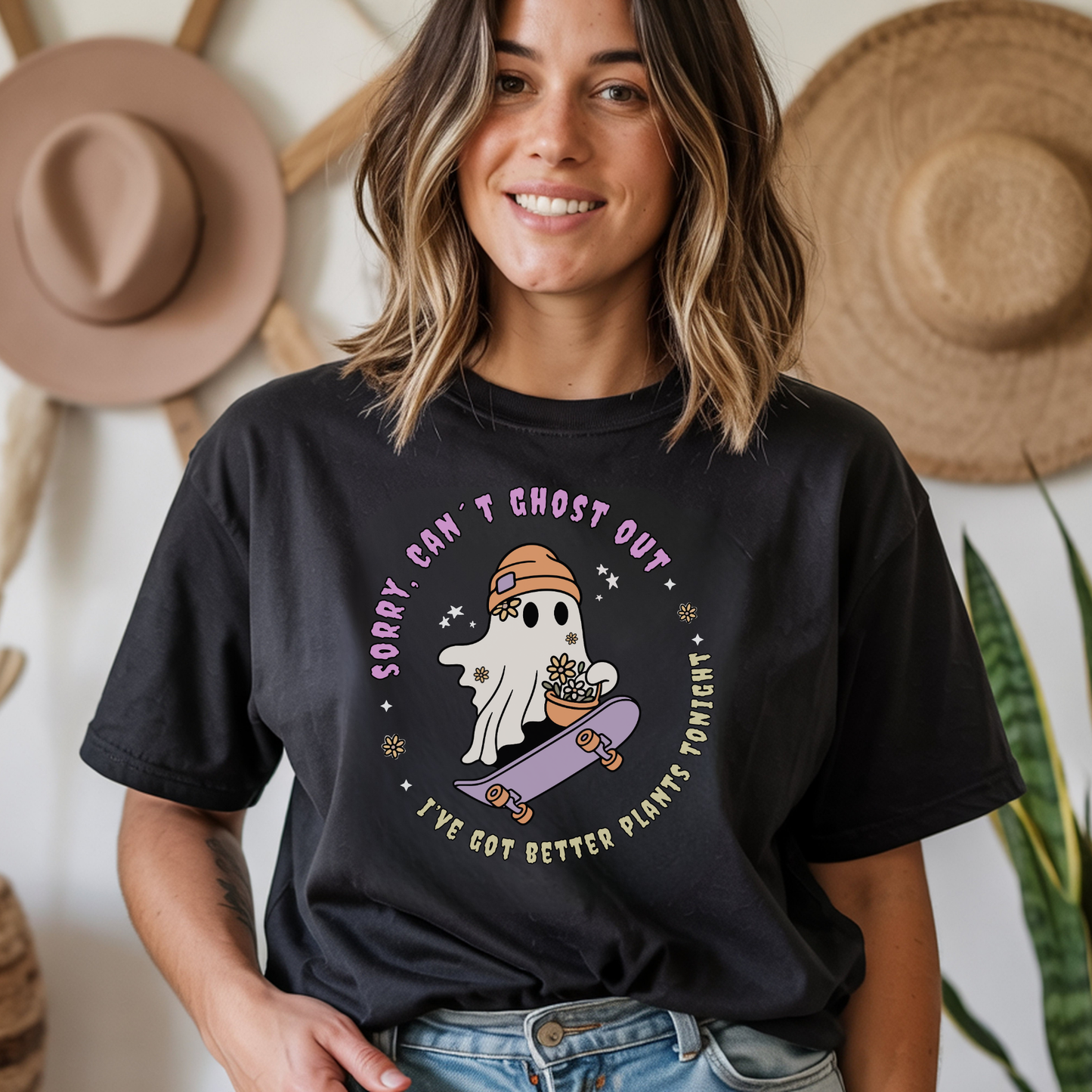 Skater & Plant Lover Ghost T-Shirt | Halloween T-Shirt with Adulting Humor – Can't Ghost Out Tonight