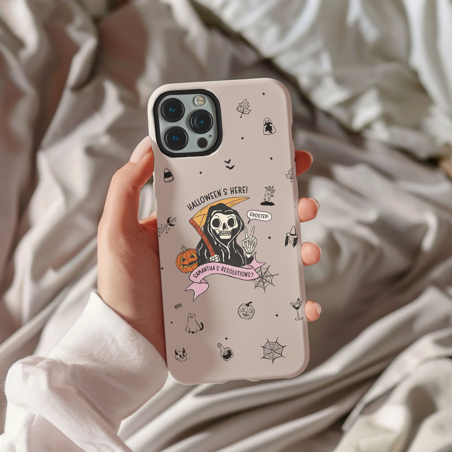 Personalized Reaper Grim Phone Case | Halloween Phone Case with Adulting Humor – My Resolutions Are Ghosted