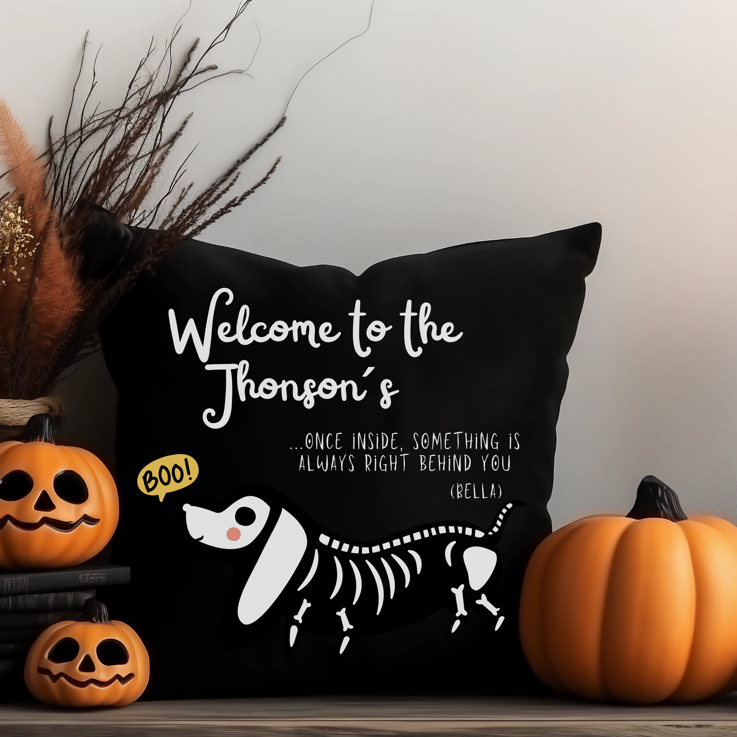 Haunted House Dog Pillow Cover | Funny and Personalized Halloween Decor for Dog Parents – Always Behind You | Black Version