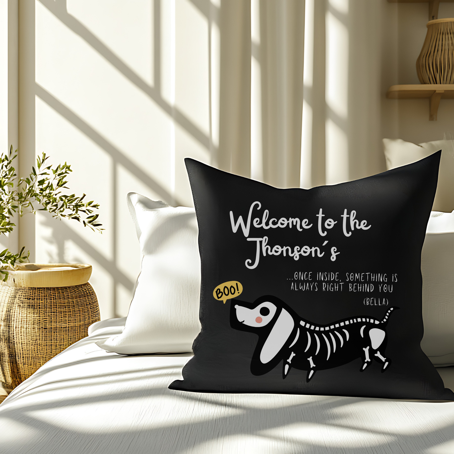 Haunted House Dog Pillow Cover | Funny and Personalized Halloween Decor for Dog Parents – Always Behind You | Black Version