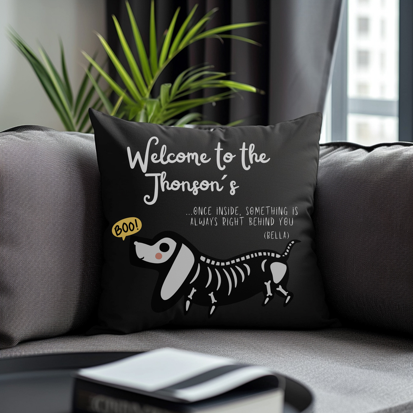 Haunted House Dog Pillow Cover | Funny and Personalized Halloween Decor for Dog Parents – Always Behind You | Black Version
