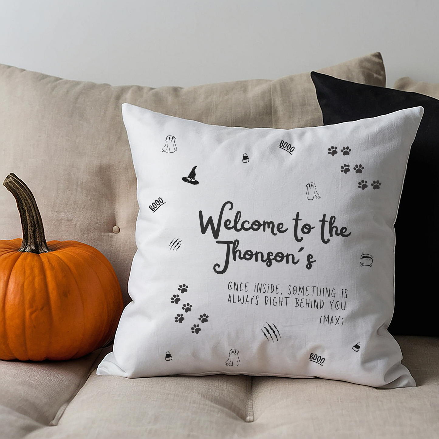 Haunted House Dog Pillow Cover | Funny and Personalized Halloween Decor for Dog Parents – Always Behind You | White Version