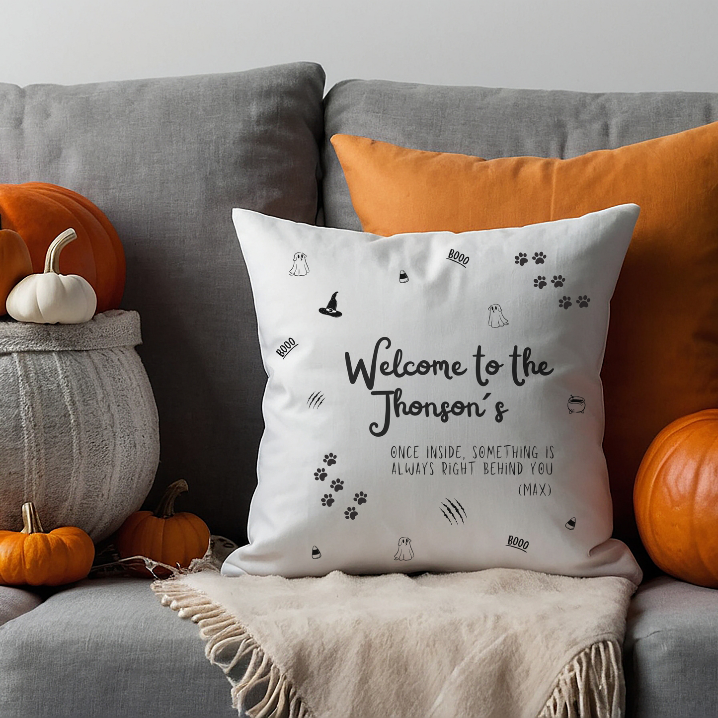 Haunted House Dog Pillow Cover | Funny and Personalized Halloween Decor for Dog Parents – Always Behind You | White Version