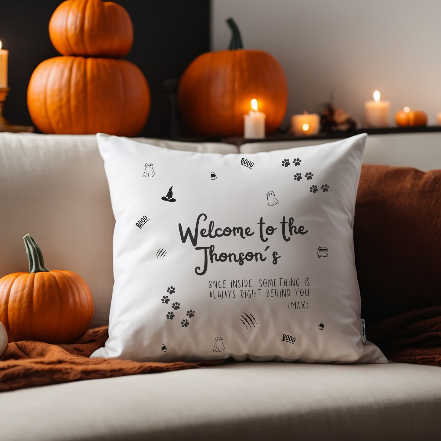 Haunted House Dog Pillow Cover | Funny and Personalized Halloween Decor for Dog Parents – Always Behind You | White Version