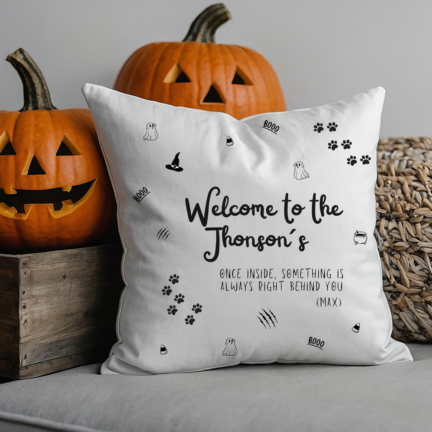 Haunted House Dog Pillow Cover | Funny and Personalized Halloween Decor for Dog Parents – Always Behind You | White Version