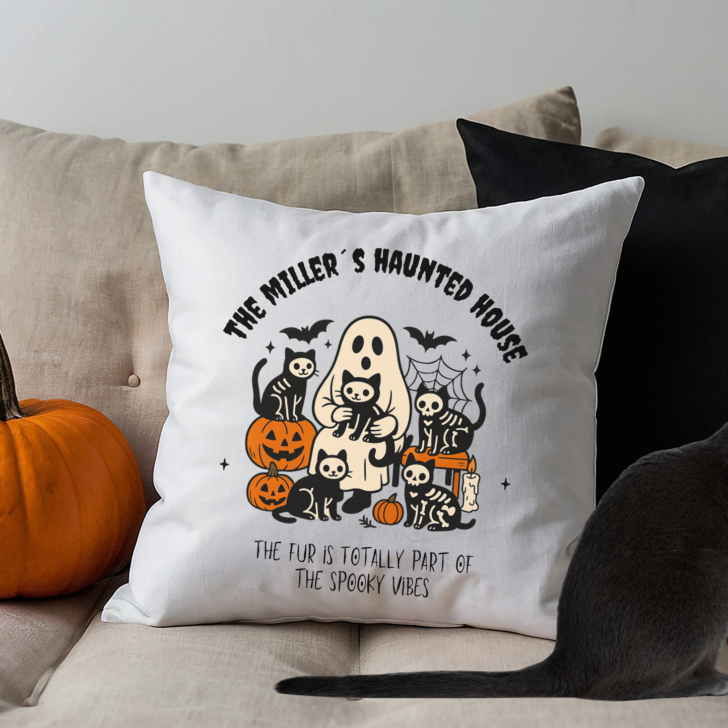 Haunted House Cat Pillow Cover | Funny and Personalized Halloween Decor for Cat Parents – Fur is Part of the Spooky Vibes