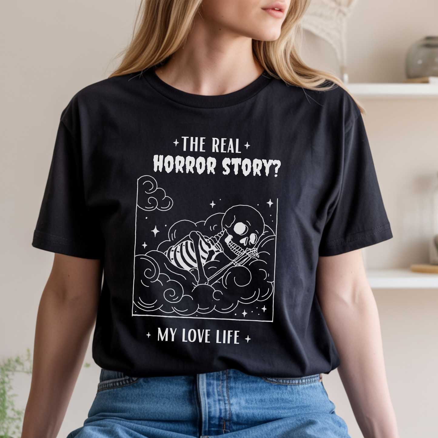 Funny Skeleton Halloween T-Shirt | Adulting Humor Tee – The Real Horror: My Love Life