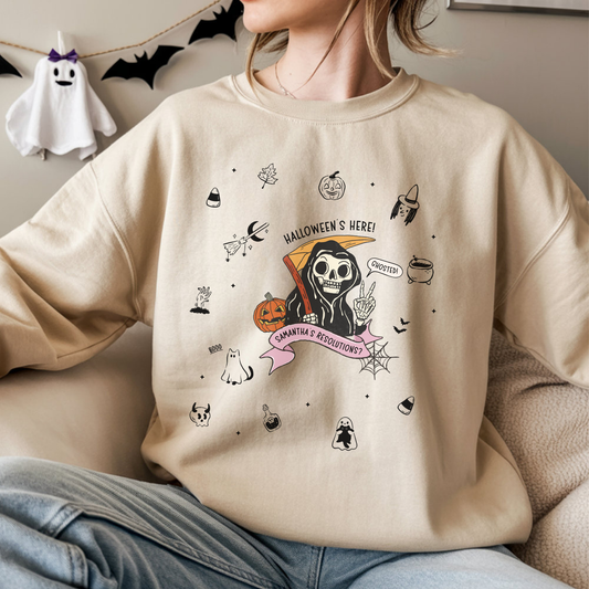 Halloween Personalizable Grim Reaper Sweatshirt | Funny Adulting Sweatshirt – My Resolutions Are Ghosted