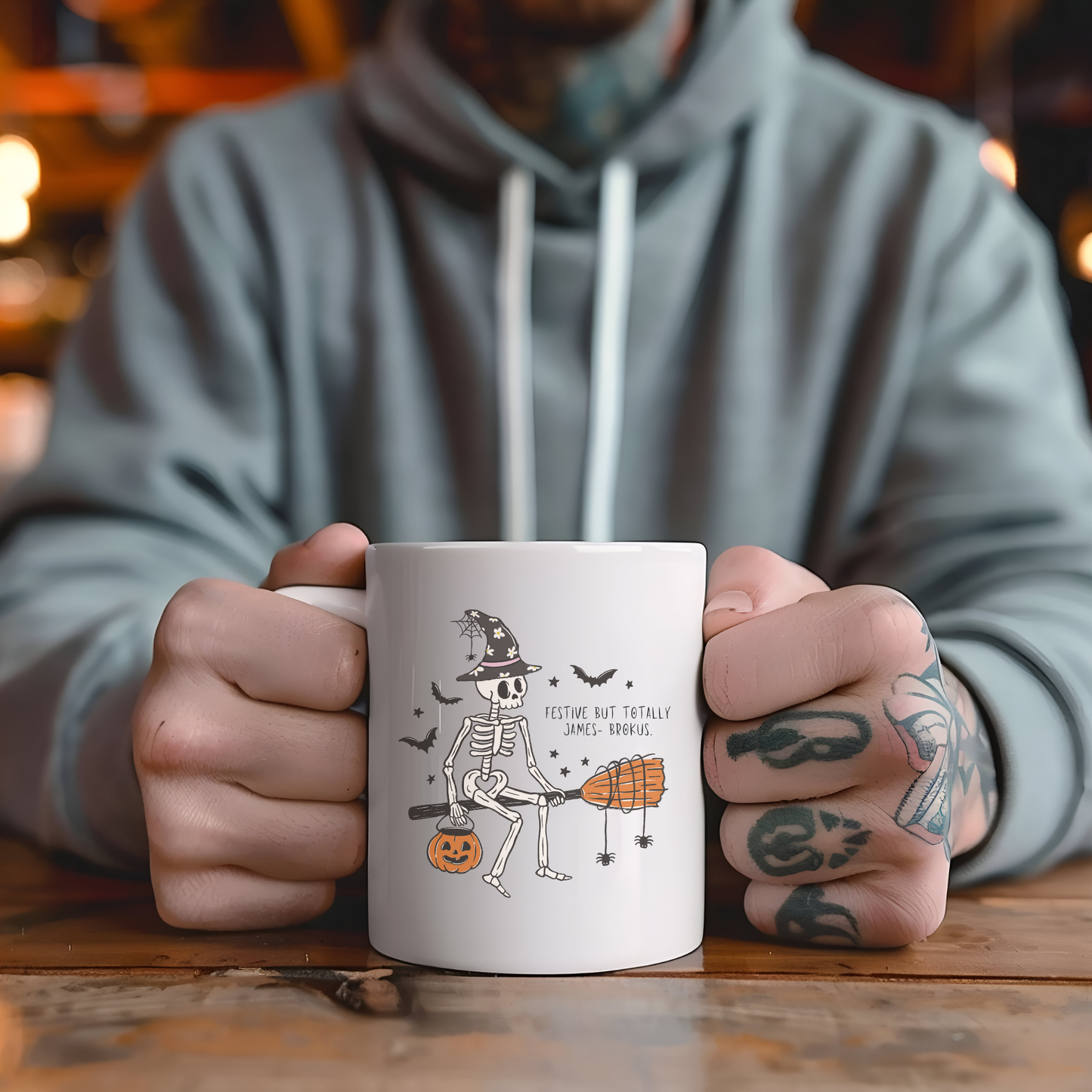 Custom Halloween Mug with Skeleton Witch | Funny Coffee Mug for Adulting Humor – Personalized Hocus Brocus