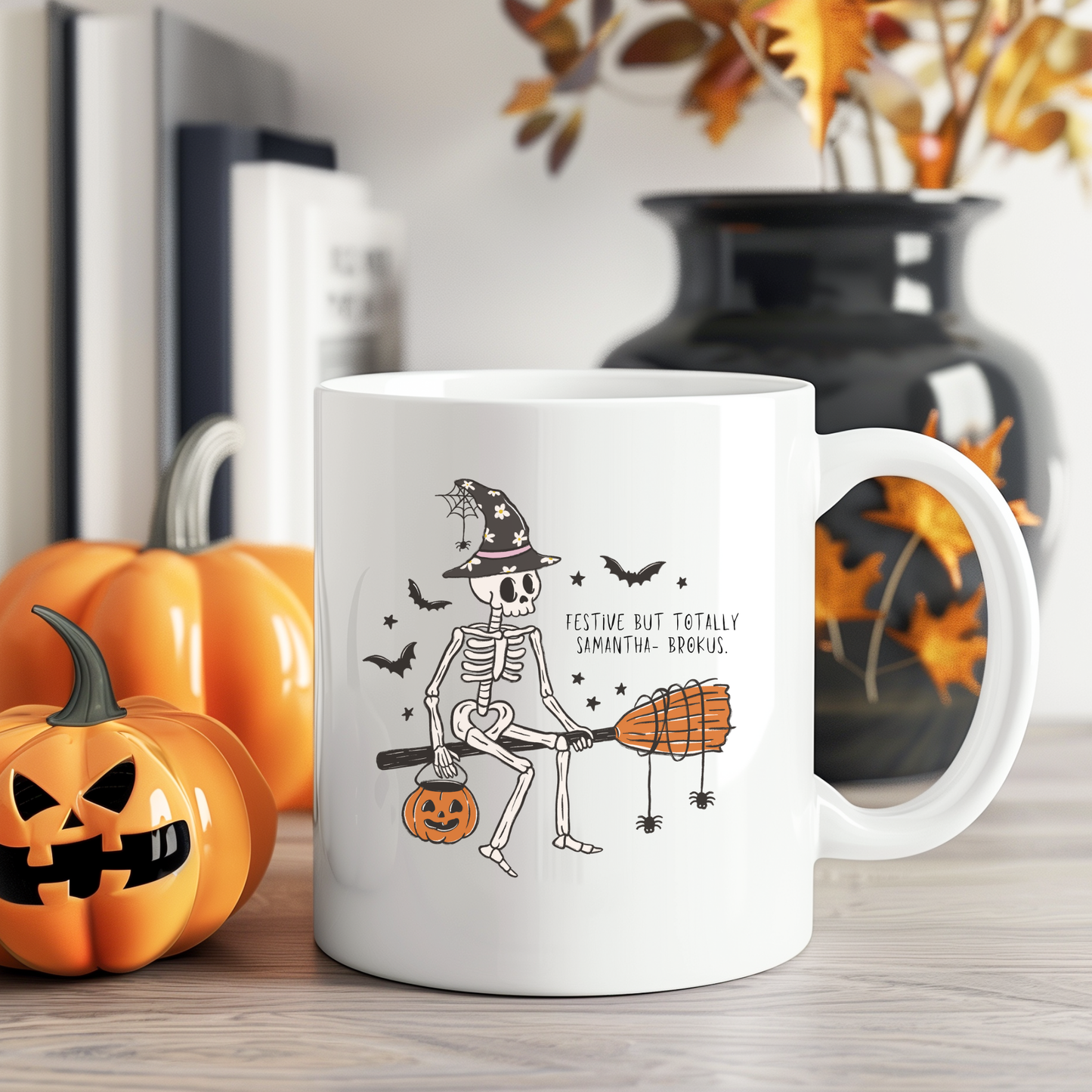 Custom Halloween Mug with Skeleton Witch | Funny Coffee Mug for Adulting Humor – Personalized Hocus Brocus