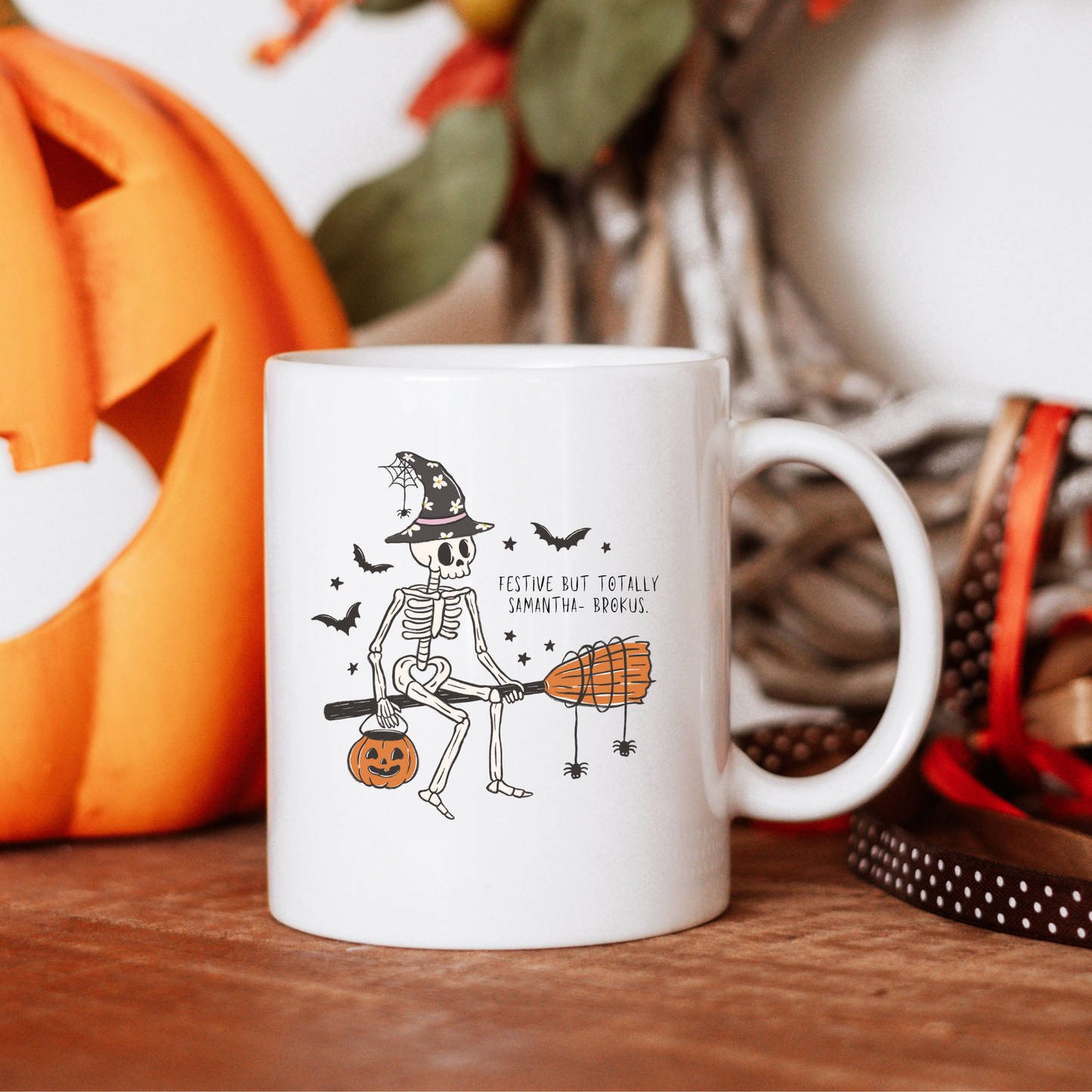 Custom Halloween Mug with Skeleton Witch | Funny Coffee Mug for Adulting Humor – Personalized Hocus Brocus