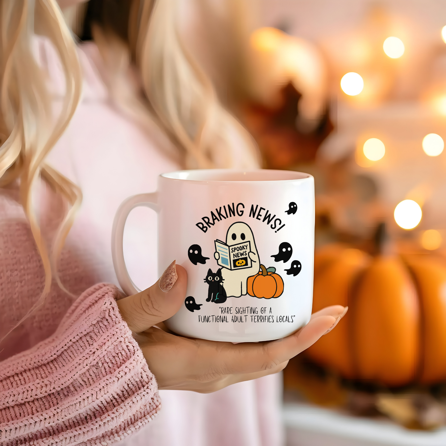 Halloween Mug with Friendly Ghost Reading Newspaper | Funny Halloween Mug for Adulting Humor – Spooky News