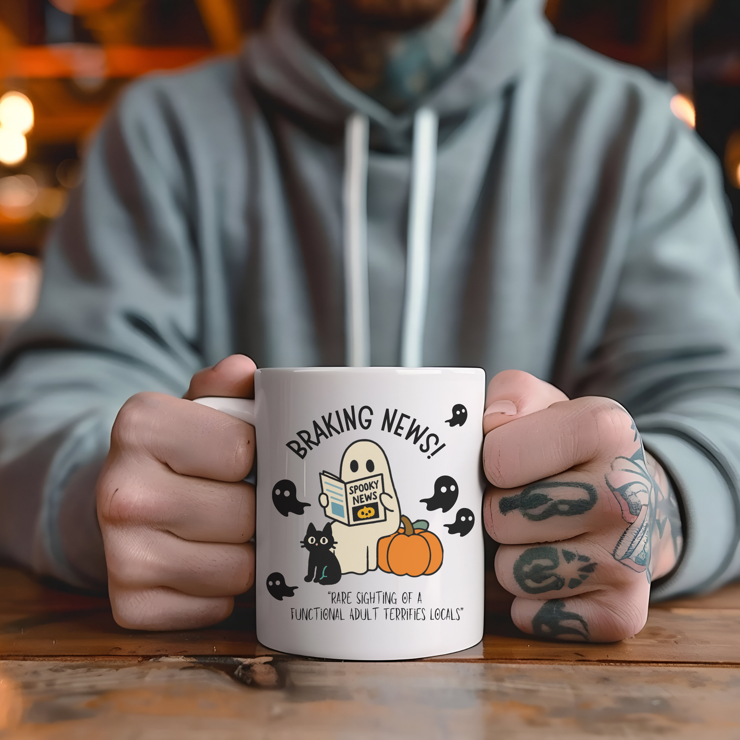 Halloween Mug with Friendly Ghost Reading Newspaper | Funny Halloween Mug for Adulting Humor – Spooky News
