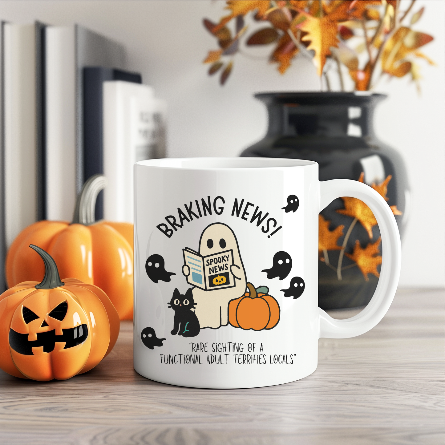 Halloween Mug with Friendly Ghost Reading Newspaper | Funny Halloween Mug for Adulting Humor – Spooky News
