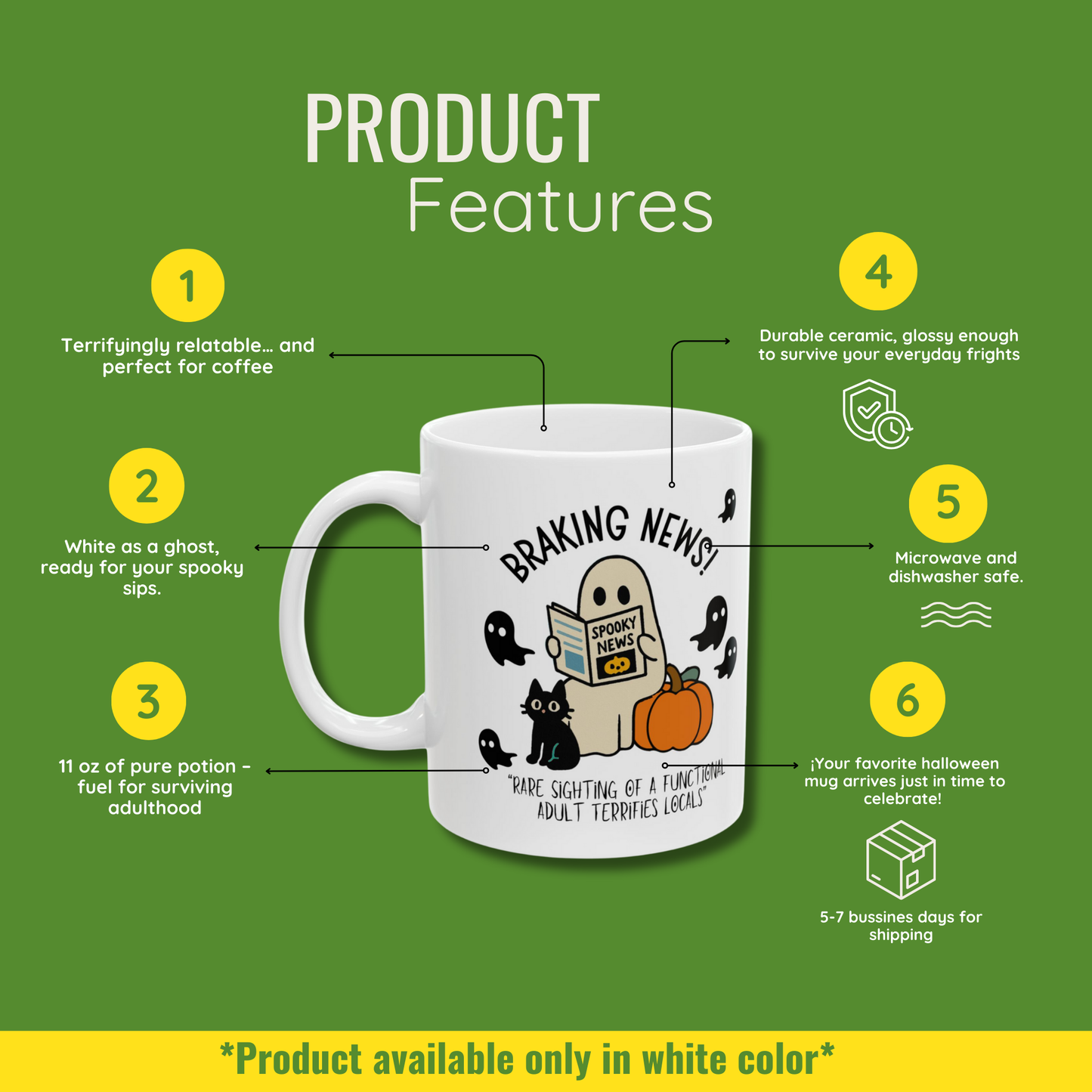 Halloween Mug with Friendly Ghost Reading Newspaper | Funny Halloween Mug for Adulting Humor – Spooky News