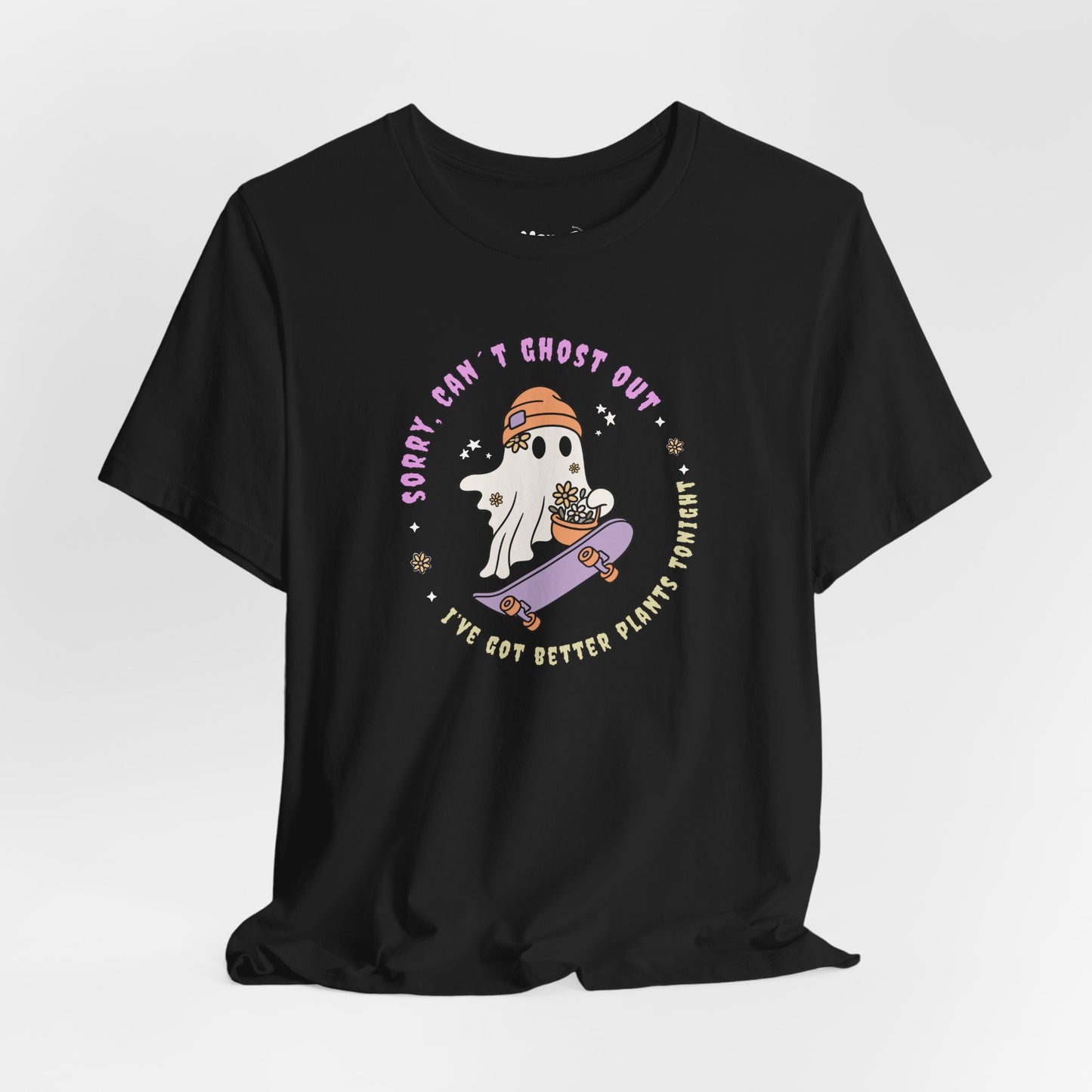 Skater & Plant Lover Ghost T-Shirt | Halloween T-Shirt with Adulting Humor – Can't Ghost Out Tonight