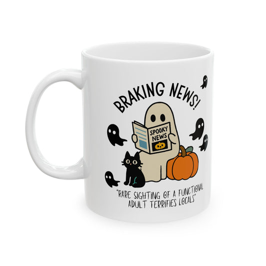 Halloween Mug with Friendly Ghost Reading Newspaper | Funny Halloween Mug for Adulting Humor – Spooky News