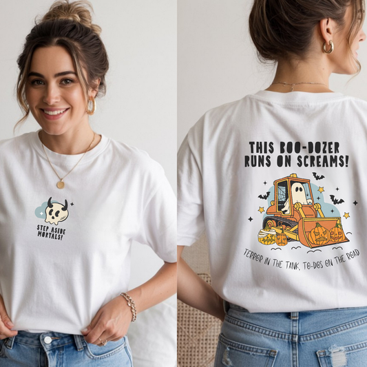 Funny Halloween T-Shirt | Bulldozer Ghost Tee | Adulting Humor – Step Aside Mortals