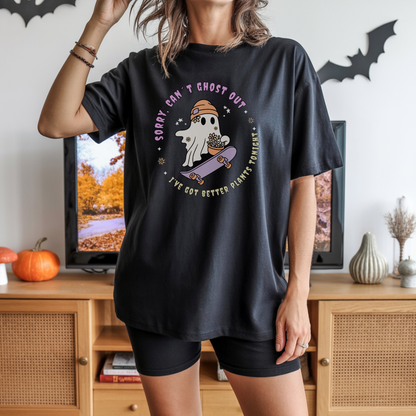 Skater & Plant Lover Ghost T-Shirt | Halloween T-Shirt with Adulting Humor – Can't Ghost Out Tonight