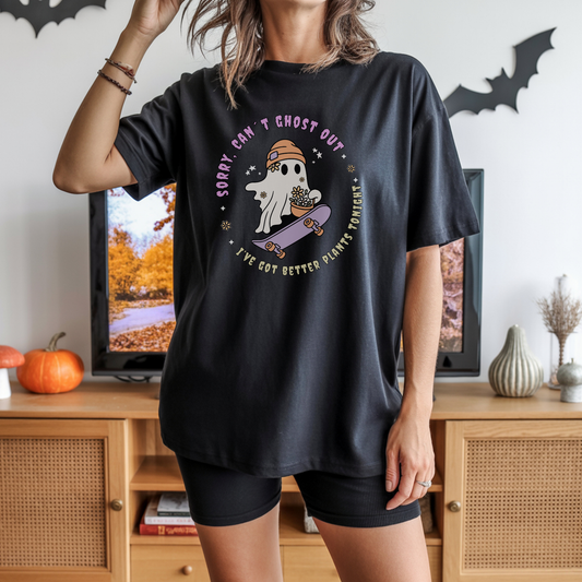 Skater & Plant Lover Ghost T-Shirt | Halloween T-Shirt with Adulting Humor – Can't Ghost Out Tonight