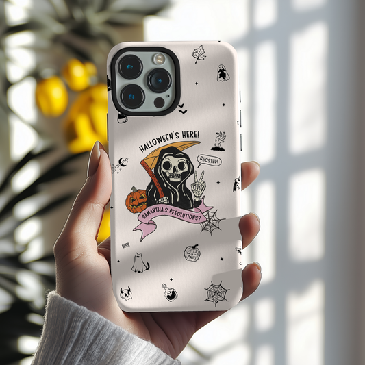 Personalized Reaper Grim Phone Case | Halloween Phone Case with Adulting Humor – My Resolutions Are Ghosted
