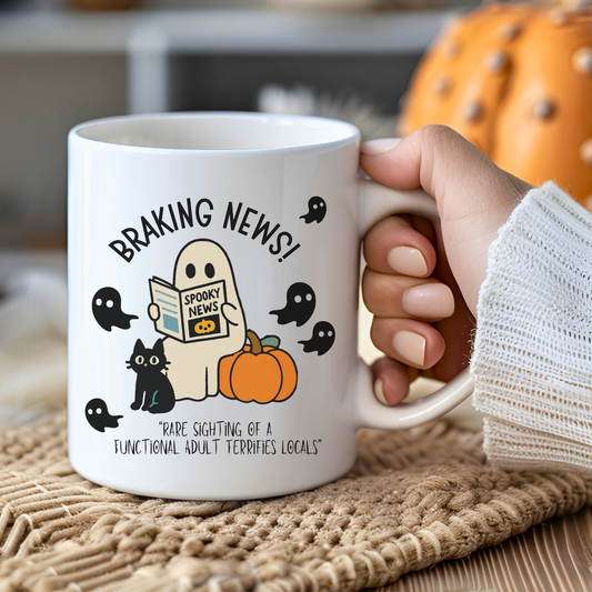 Halloween Mug with Friendly Ghost Reading Newspaper | Funny Halloween Mug for Adulting Humor – Spooky News