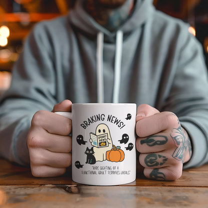 Halloween Mug with Friendly Ghost Reading Newspaper | Funny Halloween Mug for Adulting Humor – Spooky News