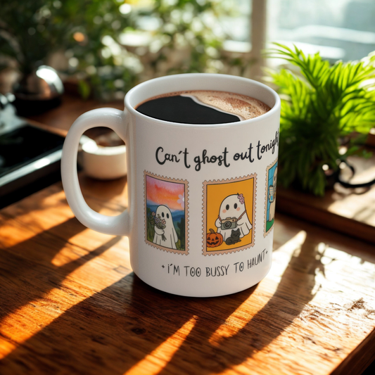 Comfy Ghost Mug | Halloween Adulting Humor Mug – I´m too bussy to haunt tonight