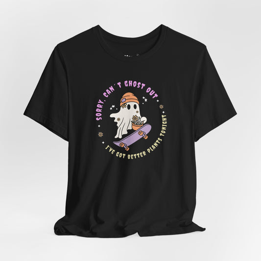 Skater & Plant Lover Ghost T-Shirt | Halloween T-Shirt with Adulting Humor – Can't Ghost Out Tonight